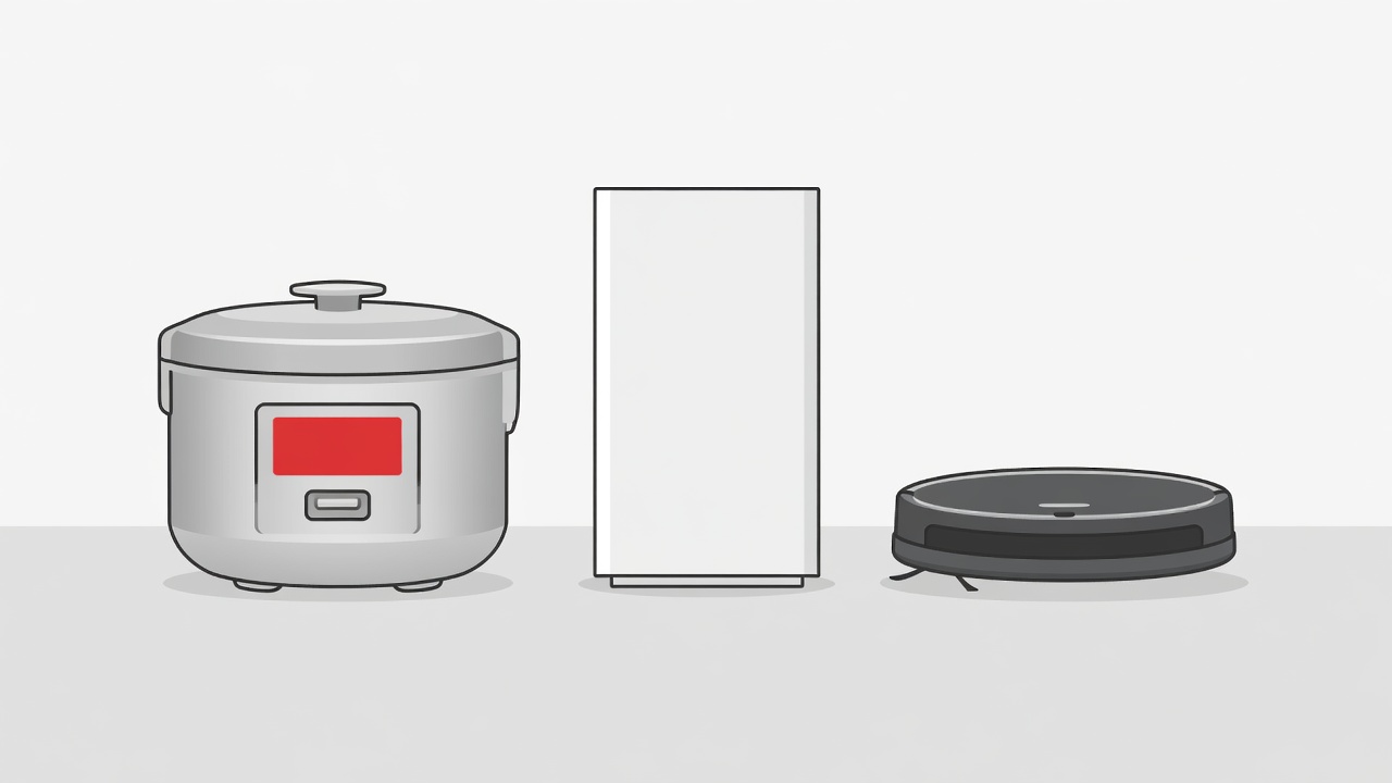Flat vector illustration of a silver induction rice cooker with a crimson display next to a compact air purifier and a round robot vacuum
