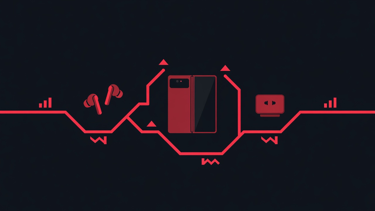 Flache Vektorillustration von Ohrhörern, einem faltbaren Smartphone und einer Smart-Steckdose entlang einer karminroten Schaltungslinie auf dunklem Hintergrund