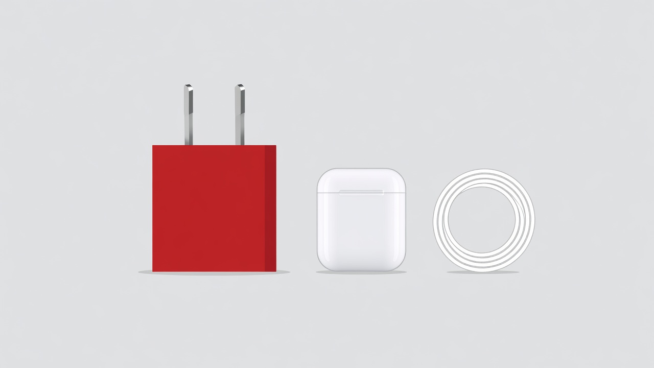 Flat vector illustration of a crimson GaN wall charger with folding silver prongs beside a white earbuds case and a coiled cable