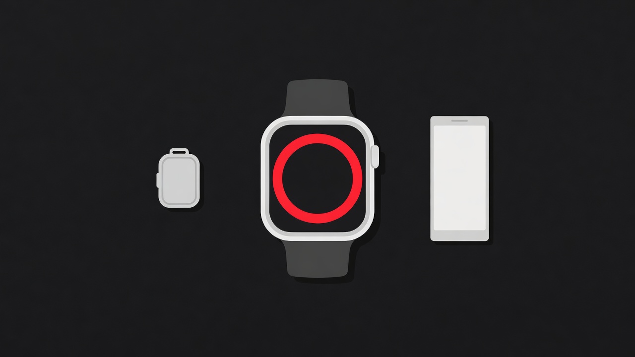 Flat vector illustration of a silver smartwatch with a crimson activity ring, a small item tracker tag and a pocket translator on a near-black surface